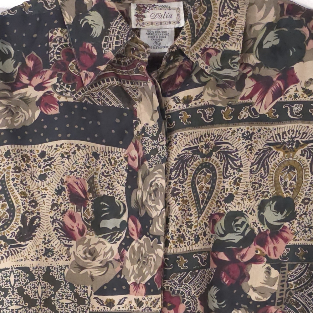 Dalia Vtg 100% Silk Patchwork Paisley Floral Blouse Boho Artsy Size M - Picture 5 of 10